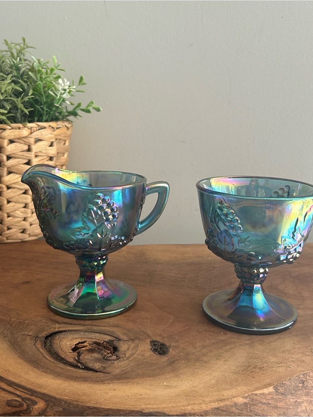 Vtg Indiana Glass Blue Carnival Harvest 
Grape 2Pc Cream & Sugar Set